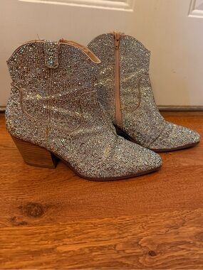 Betsey Johnson Diva Crystal-Embellished Ankle Booties in Silver